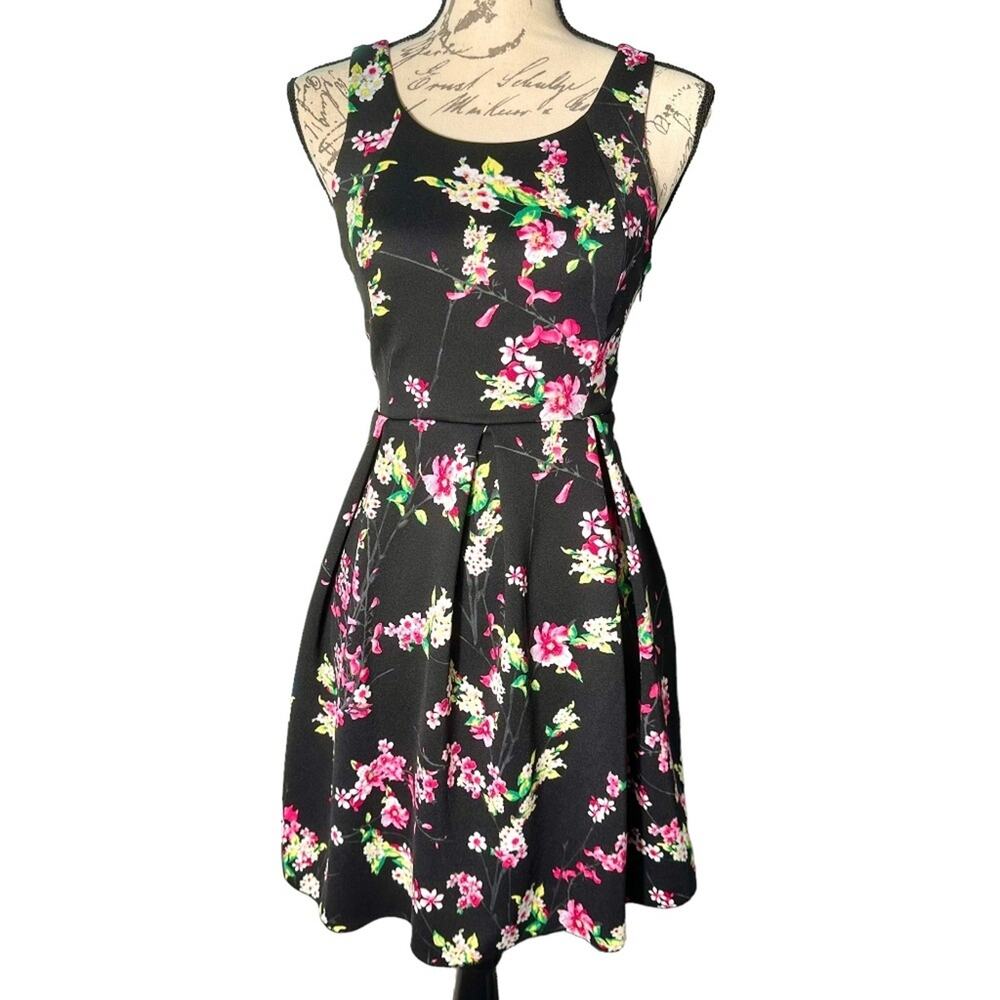 Express Black Floral Fit & Flare Dress - Elegant & Fun, Size S